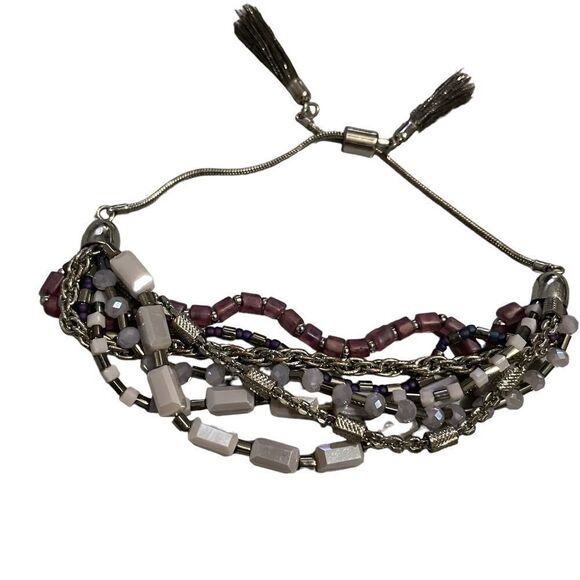 NEW Multi Strand Silver Tone Purple Slide Bracelet with Silver Gray Tassels - Picture 1 of 6